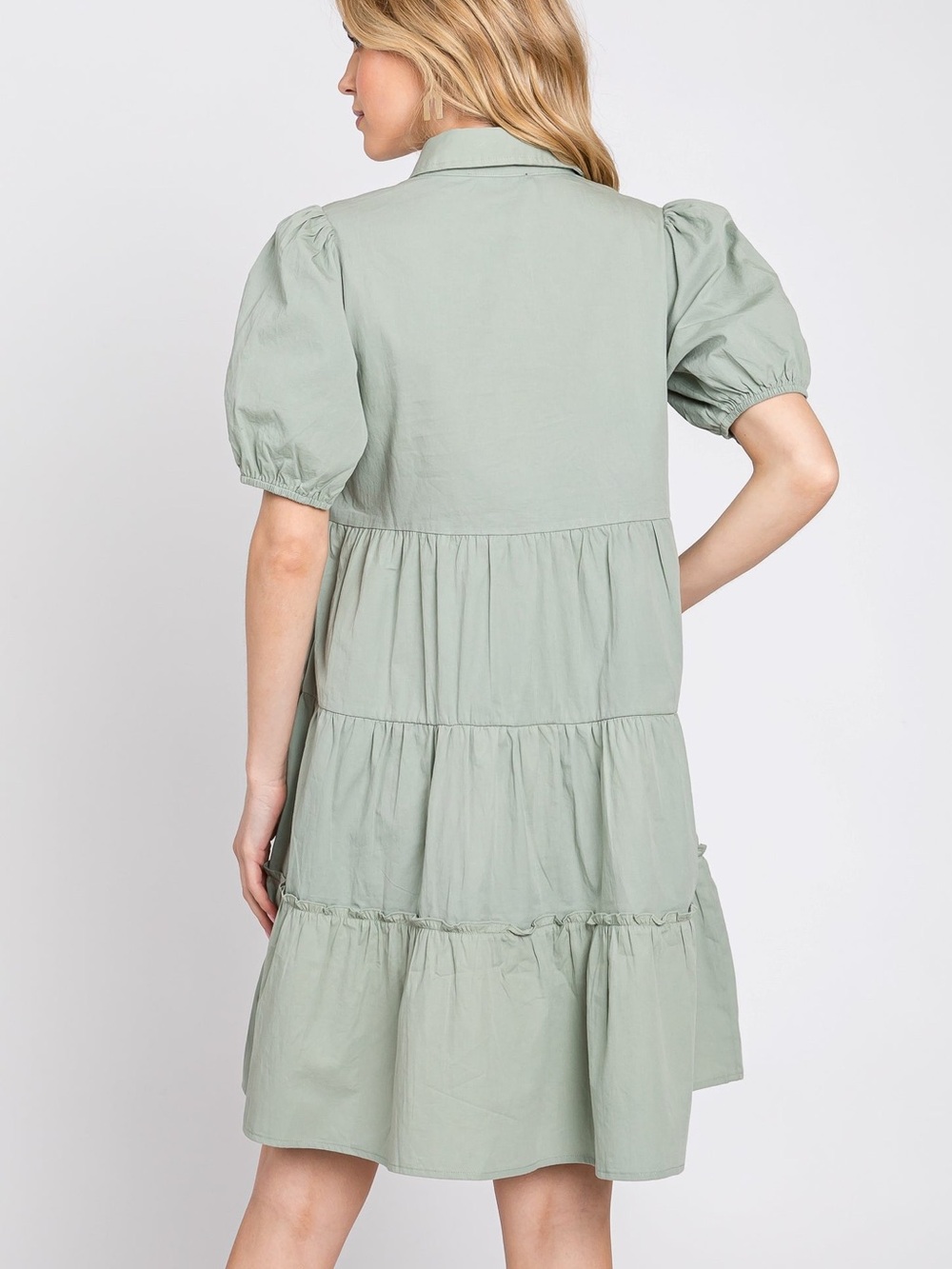 PinkBlush Elleborn Sage Green Tiered Dress Puff Sleeve Collared Button L NWT - Picture 2 of 12